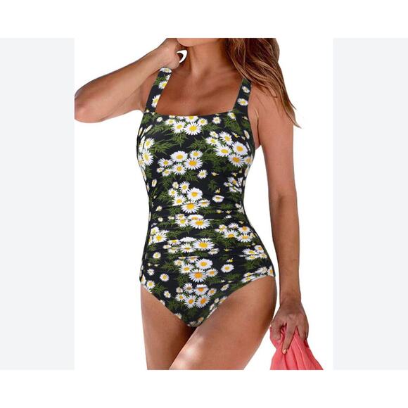 Hilor One Piece Swimsuit Women’s Size 16 Daisy Shirred Tank Tummy Control Retro - Picture 1 of 10